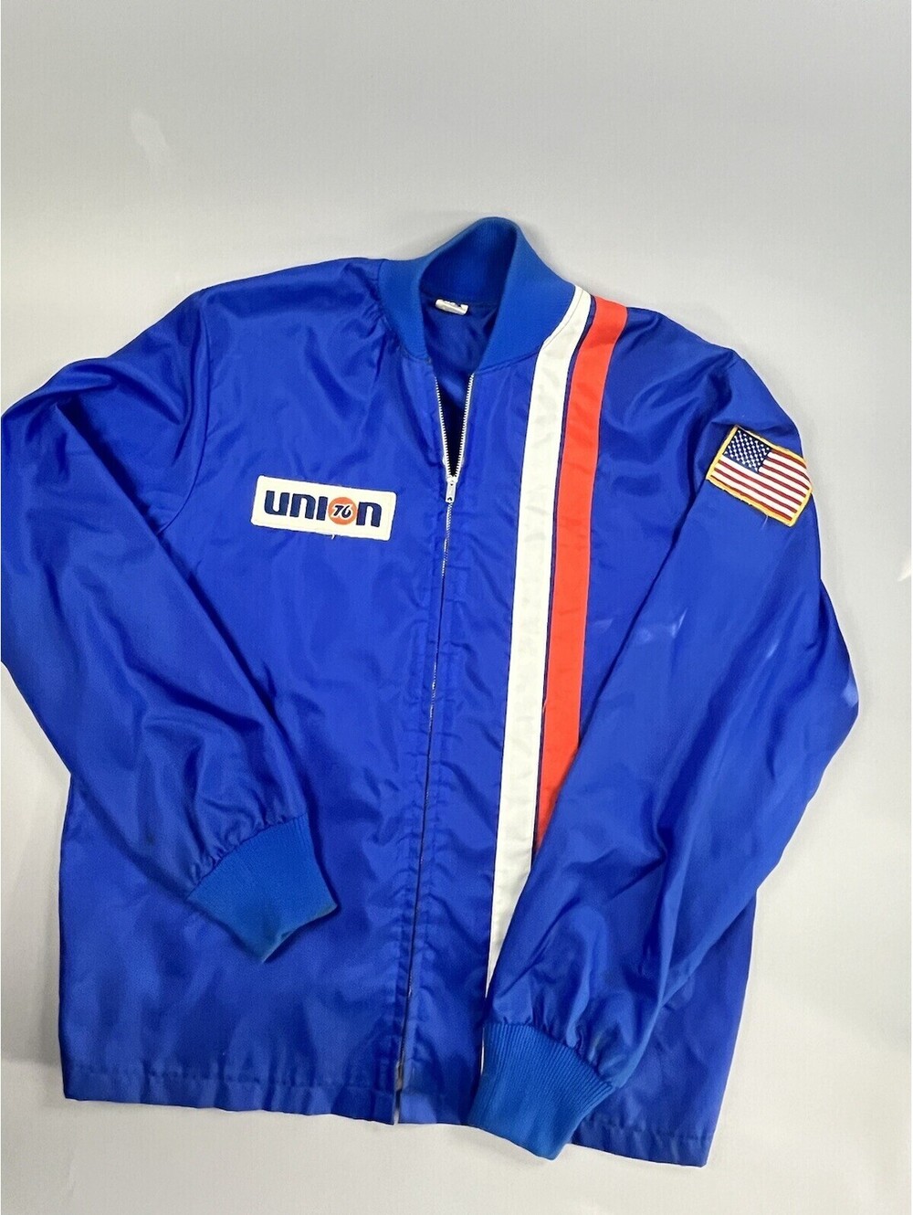 Union 76 Gasoline Satin Bomber Jacket NASCAR Racing Stripes